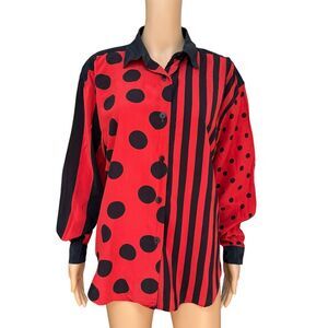 Sunny Leigh vintage 100% Silk Women red Black Polka Dot Colorblock blouse size L